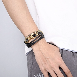 Men's multi-layer black braided leather bracelet with gold metal chain and buckle
