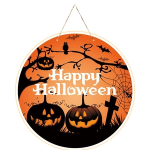 Round wooden Happy Halloween hanging sign with rustic twine string on white background