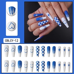 Blue and white long coffin press-on nails with graffiti stars, flames and checkerboard