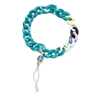 Detail of colorful resin phone chain with chunky green acrylic links and crystal bead