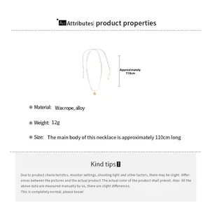 Detail specifications of 110cm wax rope necklace with golden alloy oval pendant details