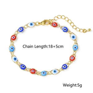Gold plated evil eye bracelet with blue and red enamel beads, length 18+5cm, 5g