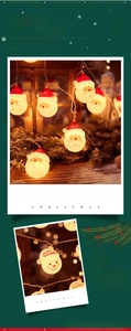 Detail of warm white LED string lights with Santa and snowman motifs on pine branches