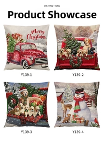 Set of four vintage Christmas linen pillow covers with retro truck and festive animal prints