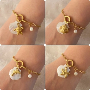 Stainless Steel Shell Charm Bracelet Ocean Sea Turtle Starfish Dolphin Fish Pendant Artificial Pearl Link Chain Jewelry For Women