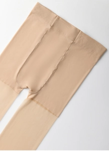 Detail of the elastic ribbed waistband and reinforced crotch on sheer nude tights