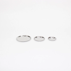 Set of three polished 304 stainless steel round trays in various sizes with mirror finish