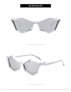 Dual view of silver geometric polygon sunglasses with metallic finish and grey lenses