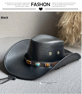 Detail of black faux leather cowboy hat with turquoise beads and brown band
