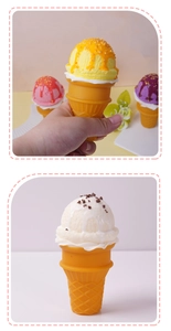 Macro detail of PU artificial ice cream cones with realistic cream texture and nut toppings