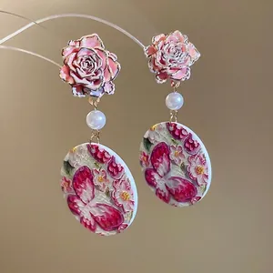 Pink enamel rose earrings with pearls and floral butterfly oval pendants in vintage style