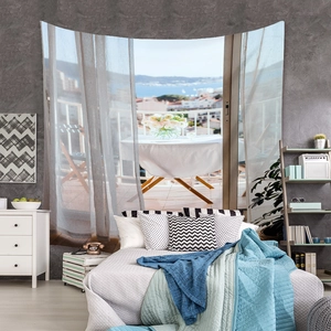 Coastal balcony view tapestry with white curtains and ocean scenery for wall decor