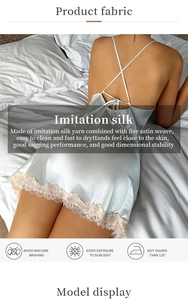 Detail of cross-back straps and beige lace trim on light blue satin sleepwear dress