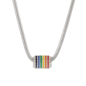 Rainbow striped cylindrical pendant on a sleek silver snake chain necklace