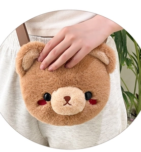 Brown plush bear crossbody coin purse shown on model for daily accessories use