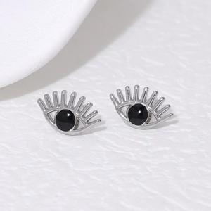 Modern Evil Eye stud earrings in silver finish with black center bead and lash detail