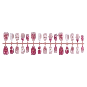 30pcs almond press-on nails with 3D floral patterns, pearls, and rhinestones in pink