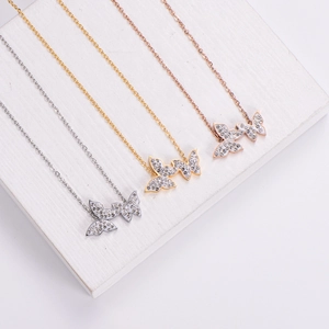 Double Butterfly Pendant Necklace For Women 316L Stainless Steel With Zircon Rhinestone 18K Gold Plated
