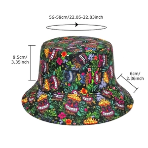 Tropical Tiki mask printed black bucket hat for women with 56-58cm head circumference