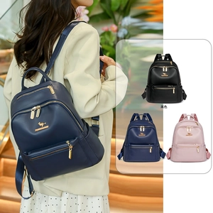 Minimalist vintage faux leather backpack for women in black, blue and pink colors