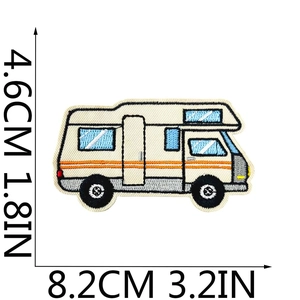 Detailed view of caravan embroidery patch with precise dimensions 4.6cm by 8.2cm