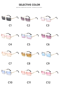 Grid view of rimless square sunglasses in twelve colors with gold metal temples