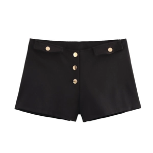 Women Low Waist Shorts Black Polyester Sexy Summer Hot Pants With Gold Metal Button Decoration Slim Fit Casual