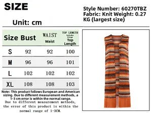 Tableau des tailles pour gilet long sans manches avec mesures de S à XL en cm