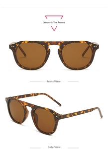 Front and side views of vintage leopard sunglasses with tea lenses and metal rivets