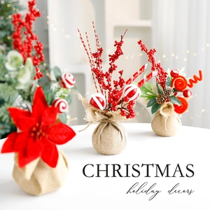 Charming Christmas linen base tabletop decor with red berries and poinsettia accents