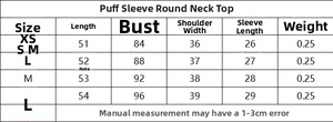 Detailed size chart for puff sleeve blouse with round collar dimensions in centimeters