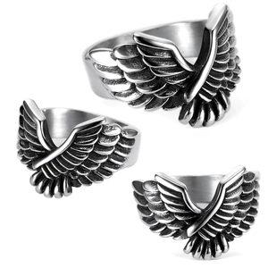 Retro Flying Eagle Wing Feather Ring Stainless Steel Biker Punk Gothic Statement Jewelry For Men Boys Cool Gift