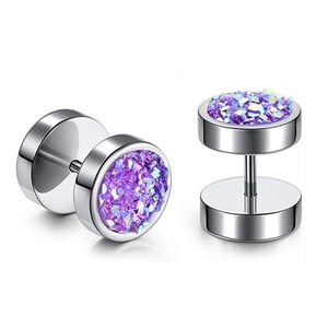 Macro view of purple crushed stone texture on silver stainless steel stud earrings