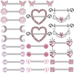 Anneaux De Mamelon Barbell En Acier Inoxydable Bijoux De Piercing Cœur Papillon Lune Couronne Rose Strass Alliage De Zinc Pour Femmes