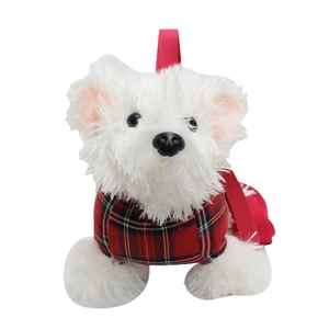Cute Westie puppy plush crossbody bag in red plaid outfit on white background