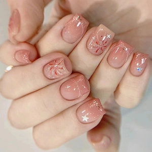 Press On Nails Short Ballet Shape Pink Gradient Fireworks Star Pattern ABS Plastic Detachable Fake Nails For Women
