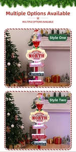 Close-up of lighted Christmas road sign decor with North Pole and Elf Village directional signs