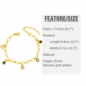 Size guide for a gold plated copper bracelet with colorful zircon heart and star charms