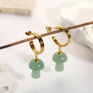 18K gold plated C-shaped earrings with green stone mushroom charms for women