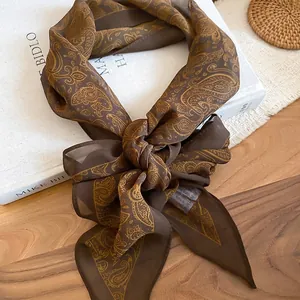 Elegant dark brown paisley silk scarf necklace for women with retro butterfly bow style