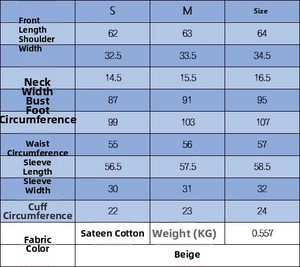 Size chart for beige knit jacket with metal buckle details and mercerized cotton specs