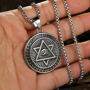 Retro stainless steel round pendant necklace featuring All-Seeing Eye and Hexagram star