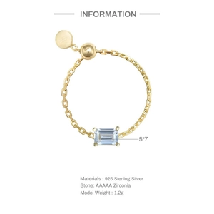 S925 sterling silver chain ring with emerald-cut zirconia and 18K gold plating