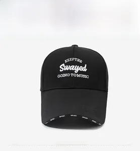 Close-up of white 3D embroidery on black outdoor baseball cap with long brim