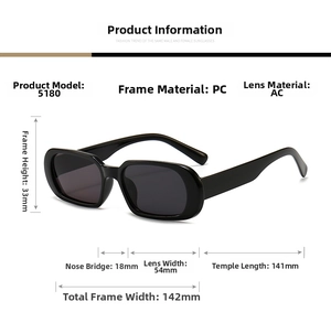 Detailed dimensions for rectangular black sunglasses showing frame width and lens size
