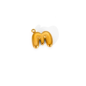Close-up of a 3D bubble-style golden letter M pendant made of polished titanium steel