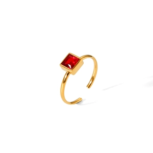 Detail of 18k gold plated stainless steel adjustable ring with a square red zircon