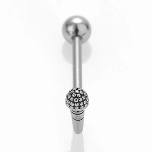 Polished silver stainless steel tongue barbell with textured geometric design end