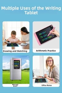 Four-grid view of LCD writing tablet used for drawing, math, notes, and office schedules