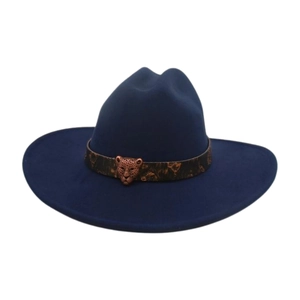 Navy blue felt fedora hat featuring a leopard head metal buckle and textured leather band